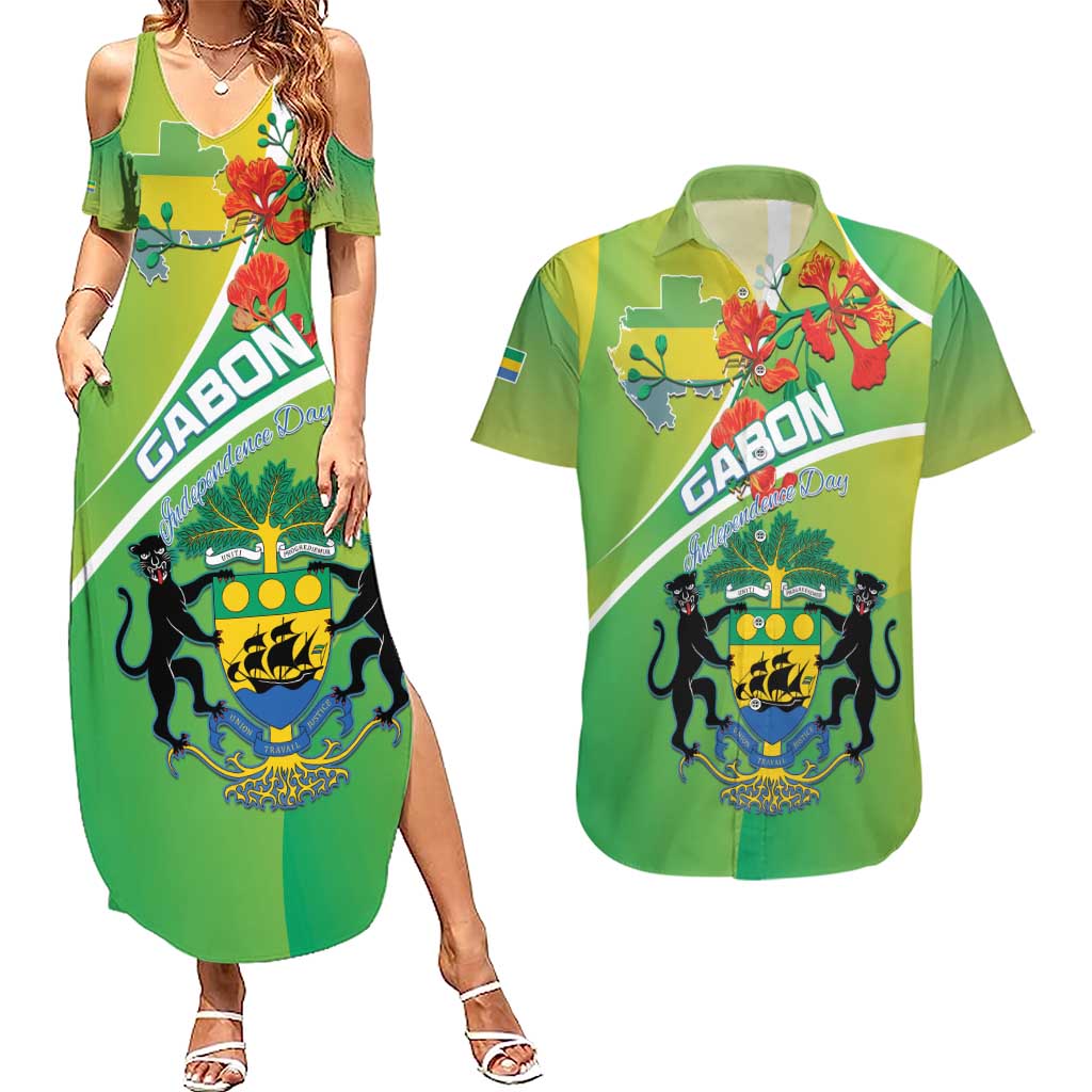 Personalized Gabon Independence Day Couples Matching Summer Maxi Dress and Hawaiian Shirt Coat Of Arms With Map - Wonder Print Shop