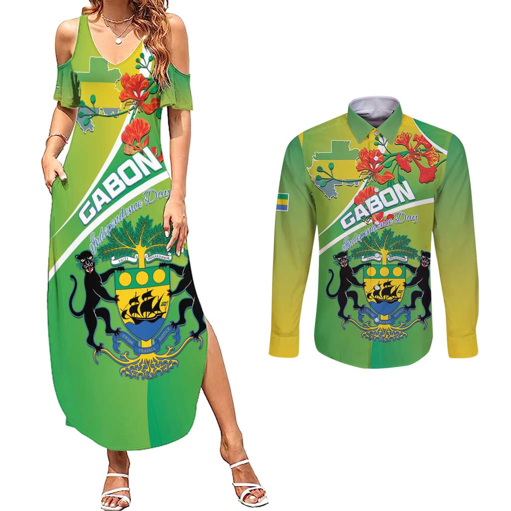 Personalized Gabon Independence Day Couples Matching Summer Maxi Dress and Long Sleeve Button Shirt Coat Of Arms With Map - Wonder Print Shop