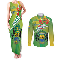 Personalized Gabon Independence Day Couples Matching Tank Maxi Dress and Long Sleeve Button Shirt Coat Of Arms With Map - Wonder Print Shop