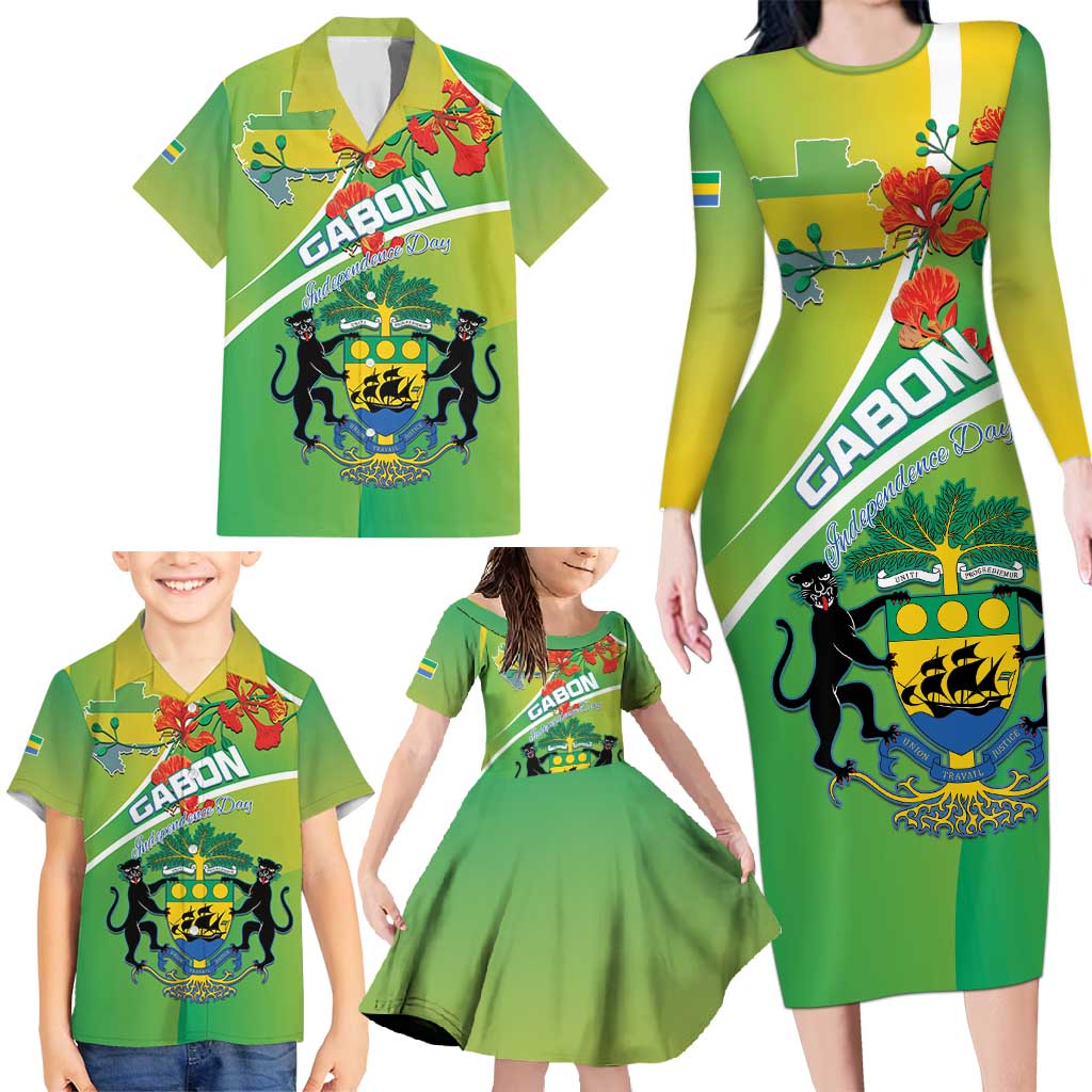 Personalized Gabon Independence Day Family Matching Long Sleeve Bodycon Dress and Hawaiian Shirt Coat Of Arms With Map - Wonder Print Shop