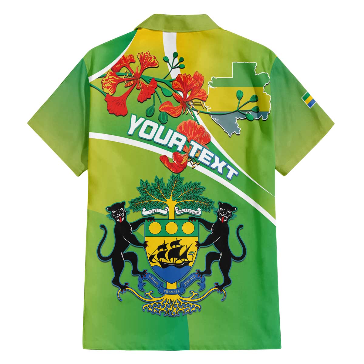 Personalized Gabon Independence Day Family Matching Off The Shoulder Long Sleeve Dress and Hawaiian Shirt Coat Of Arms With Map - Wonder Print Shop