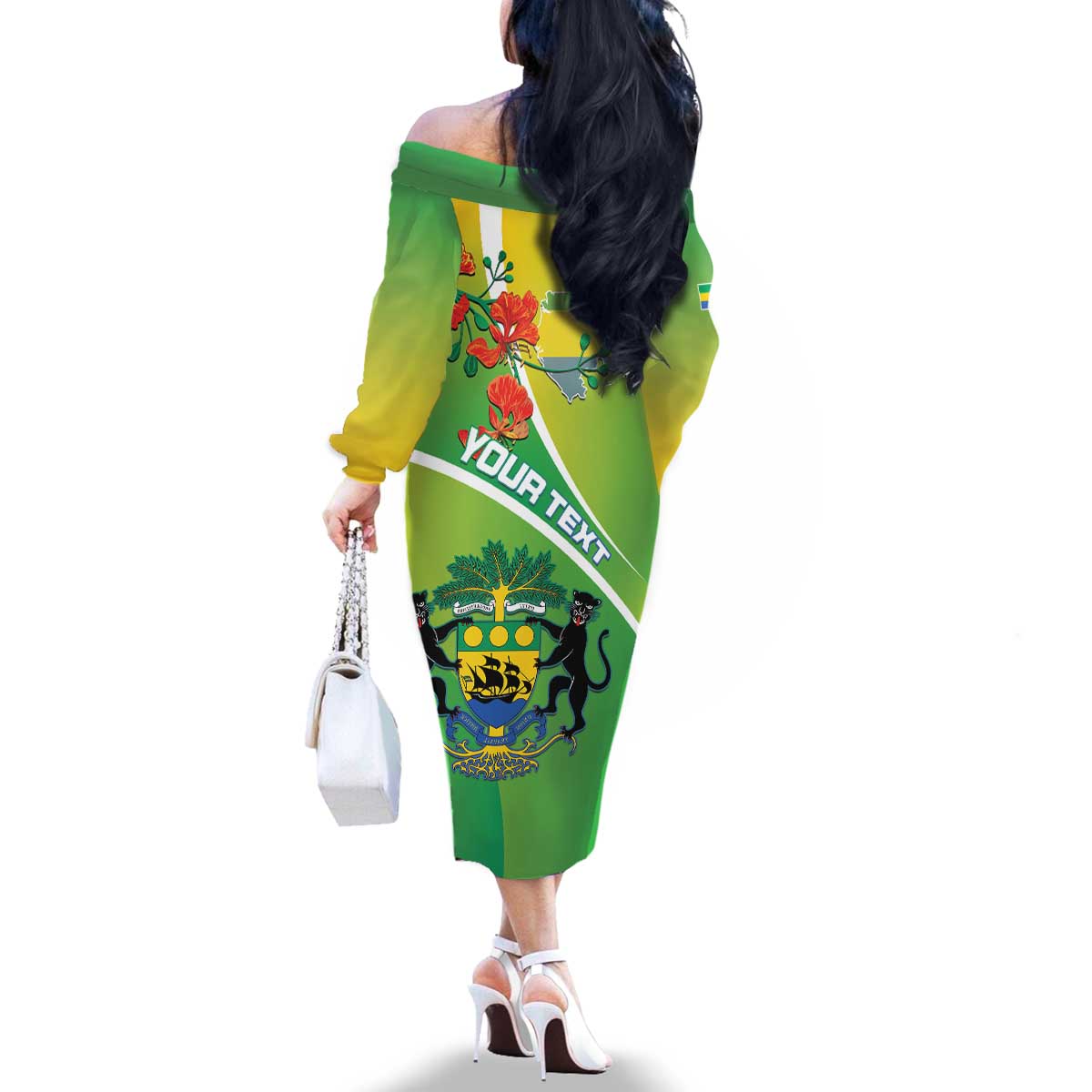 Personalized Gabon Independence Day Family Matching Off The Shoulder Long Sleeve Dress and Hawaiian Shirt Coat Of Arms With Map - Wonder Print Shop