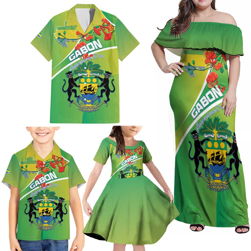 Personalized Gabon Independence Day Family Matching Off Shoulder Maxi Dress and Hawaiian Shirt Coat Of Arms With Map - Wonder Print Shop