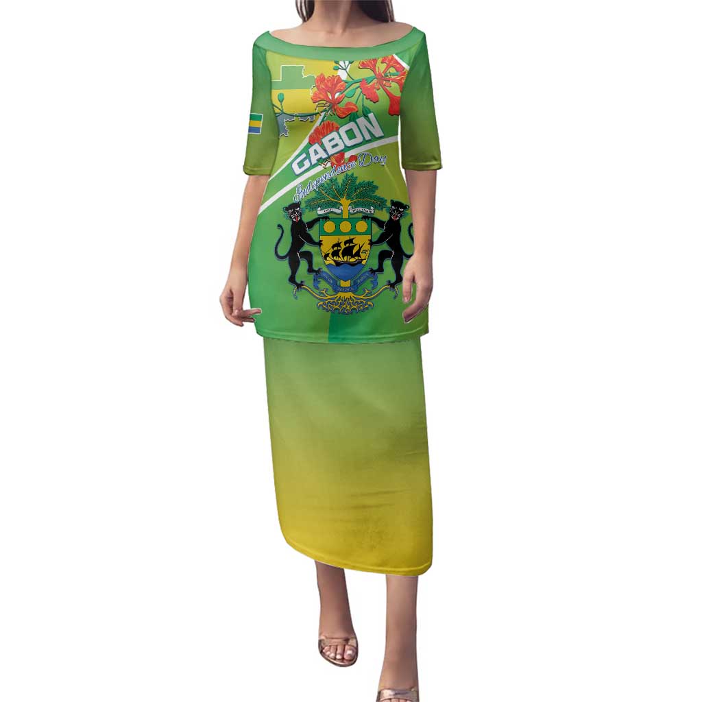 Personalized Gabon Independence Day Family Matching Puletasi and Hawaiian Shirt Coat Of Arms With Map - Wonder Print Shop