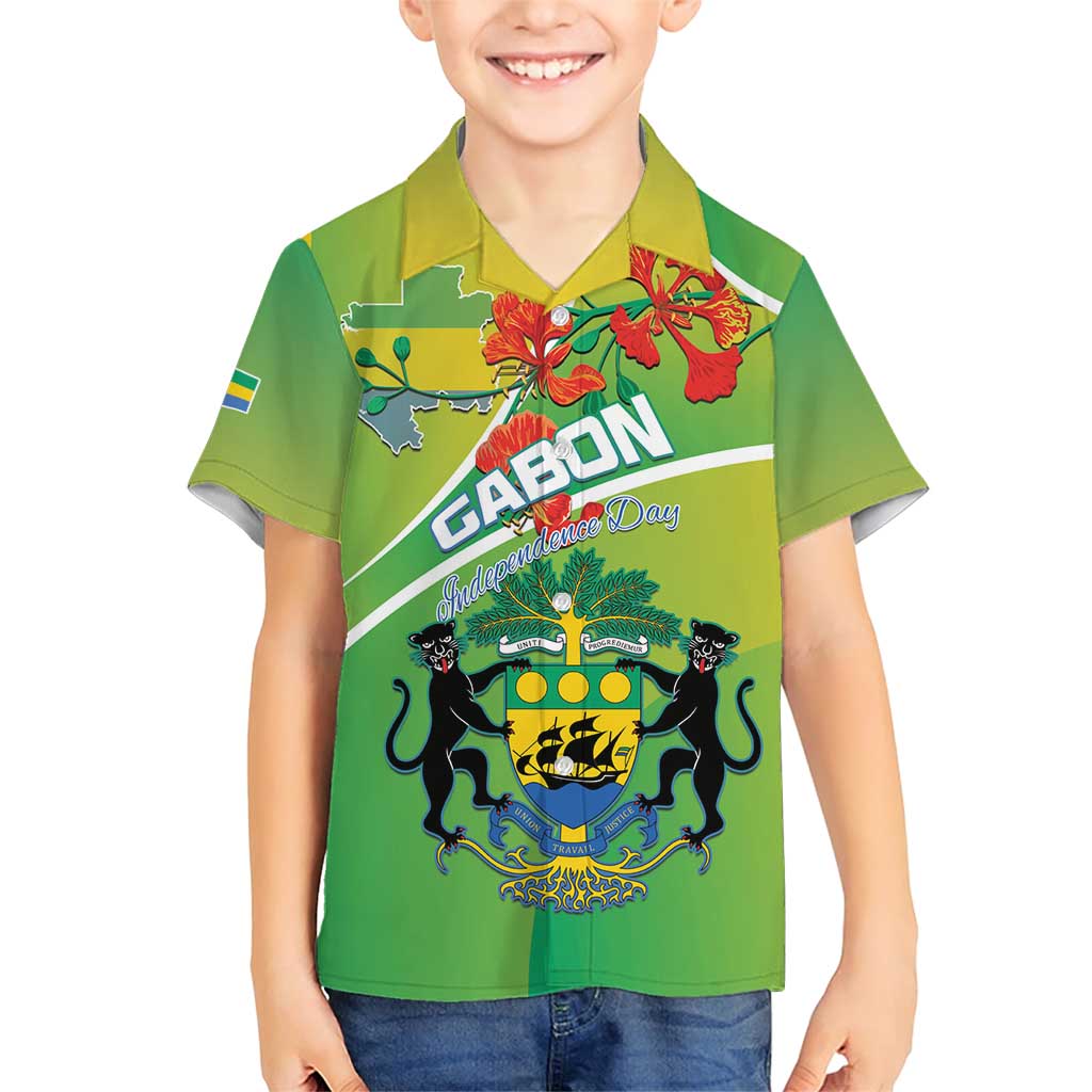 Personalized Gabon Independence Day Family Matching Short Sleeve Bodycon Dress and Hawaiian Shirt Coat Of Arms With Map - Wonder Print Shop