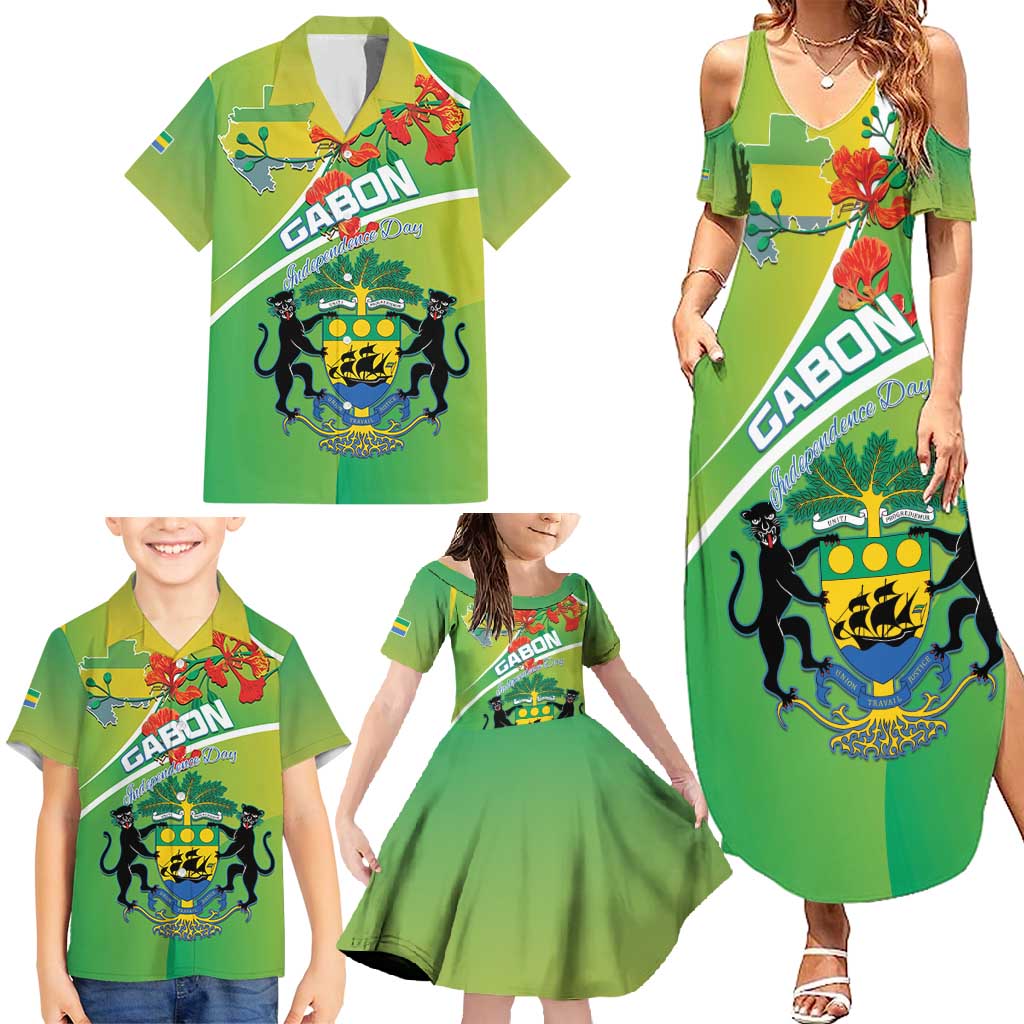 Personalized Gabon Independence Day Family Matching Summer Maxi Dress and Hawaiian Shirt Coat Of Arms With Map - Wonder Print Shop