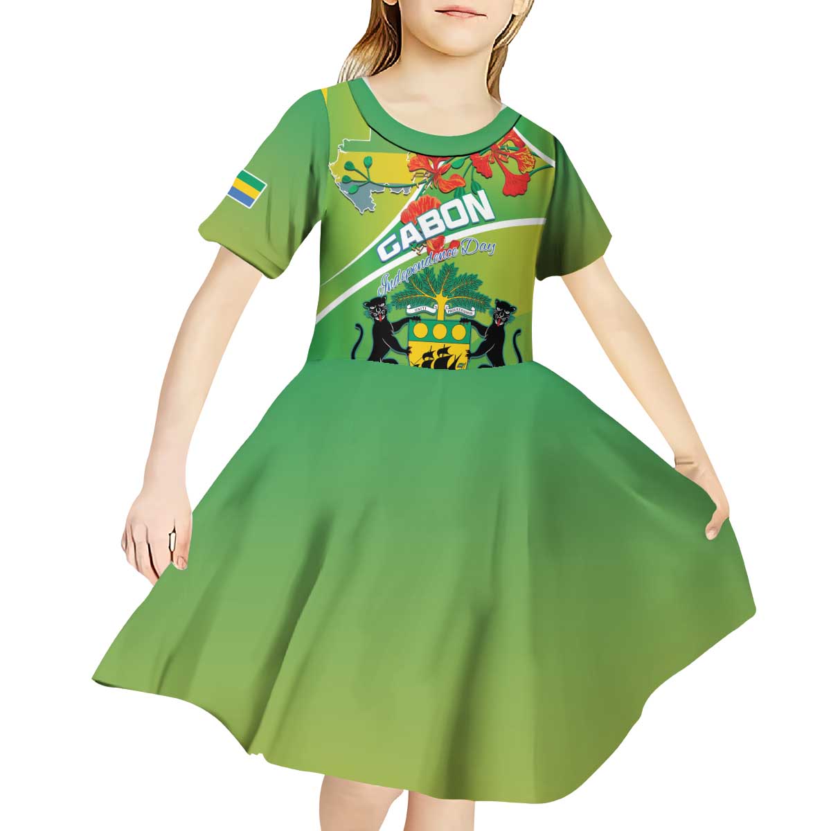 Personalized Gabon Independence Day Kid Short Sleeve Dress Coat Of Arms With Map - Wonder Print Shop