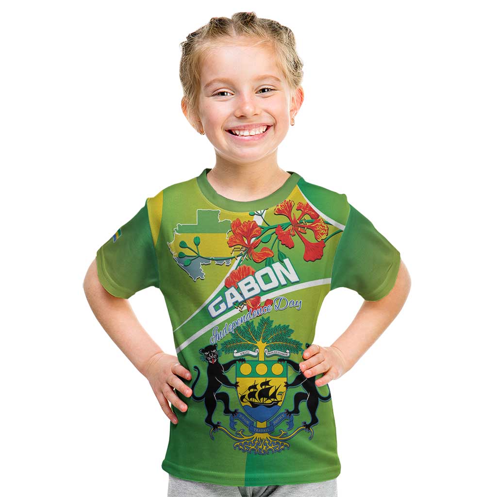 Personalized Gabon Independence Day Kid T Shirt Coat Of Arms With Map - Wonder Print Shop