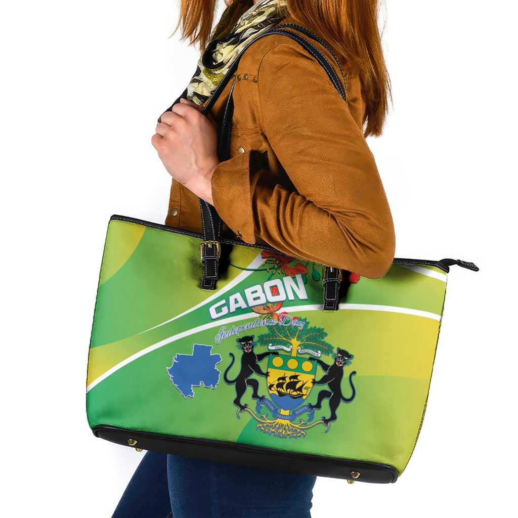 Gabon Independence Day Leather Tote Bag Coat Of Arms With Map - Wonder Print Shop