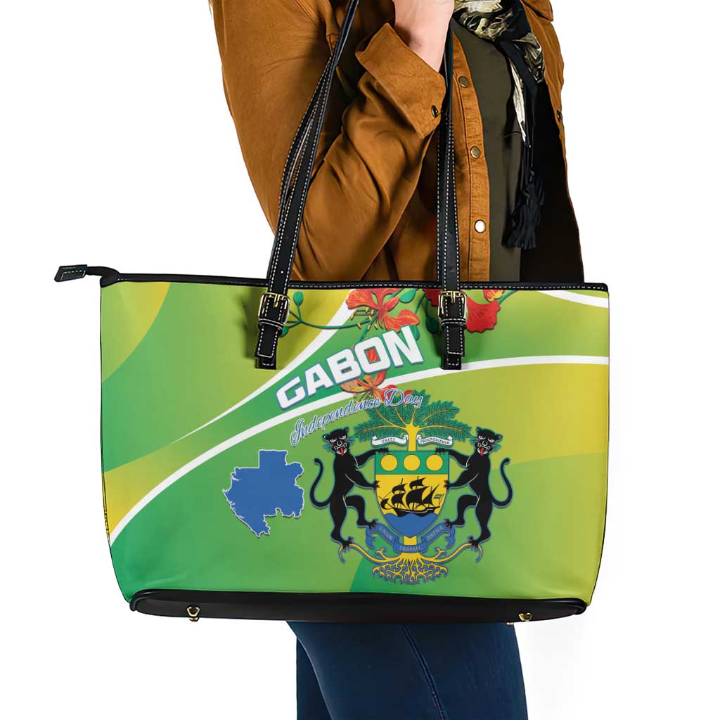 Gabon Independence Day Leather Tote Bag Coat Of Arms With Map - Wonder Print Shop
