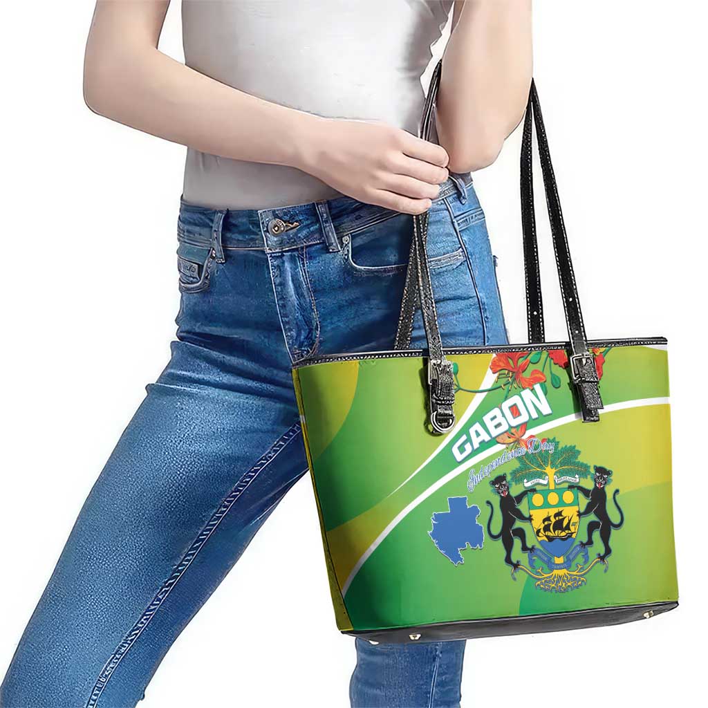 Gabon Independence Day Leather Tote Bag Coat Of Arms With Map - Wonder Print Shop