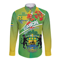 Personalized Gabon Independence Day Long Sleeve Button Shirt Coat Of Arms With Map - Wonder Print Shop