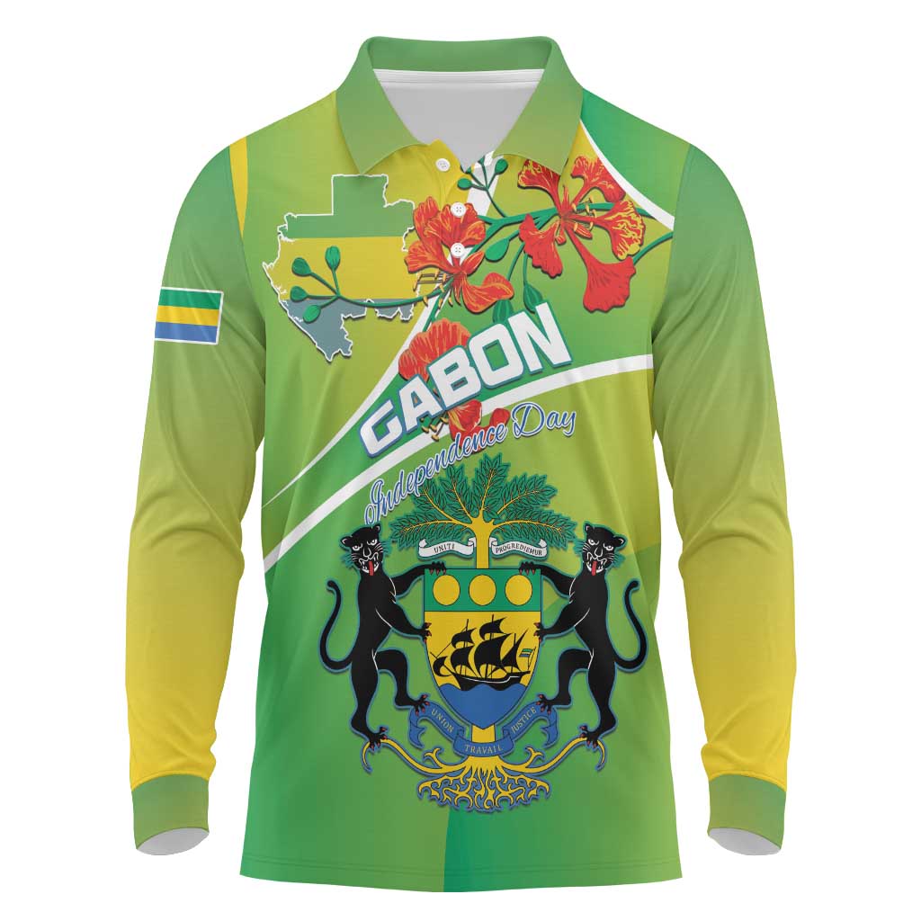Personalized Gabon Independence Day Long Sleeve Polo Shirt Coat Of Arms With Map - Wonder Print Shop