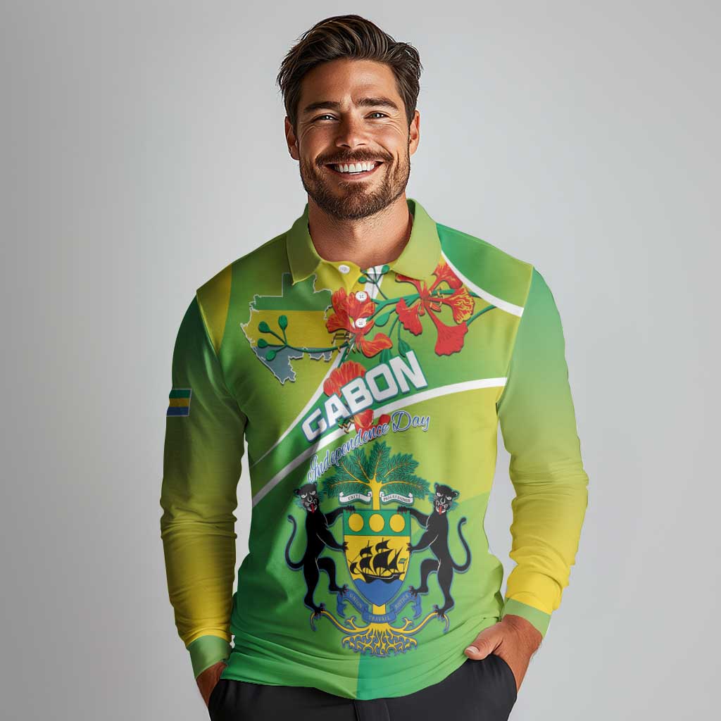 Personalized Gabon Independence Day Long Sleeve Polo Shirt Coat Of Arms With Map - Wonder Print Shop