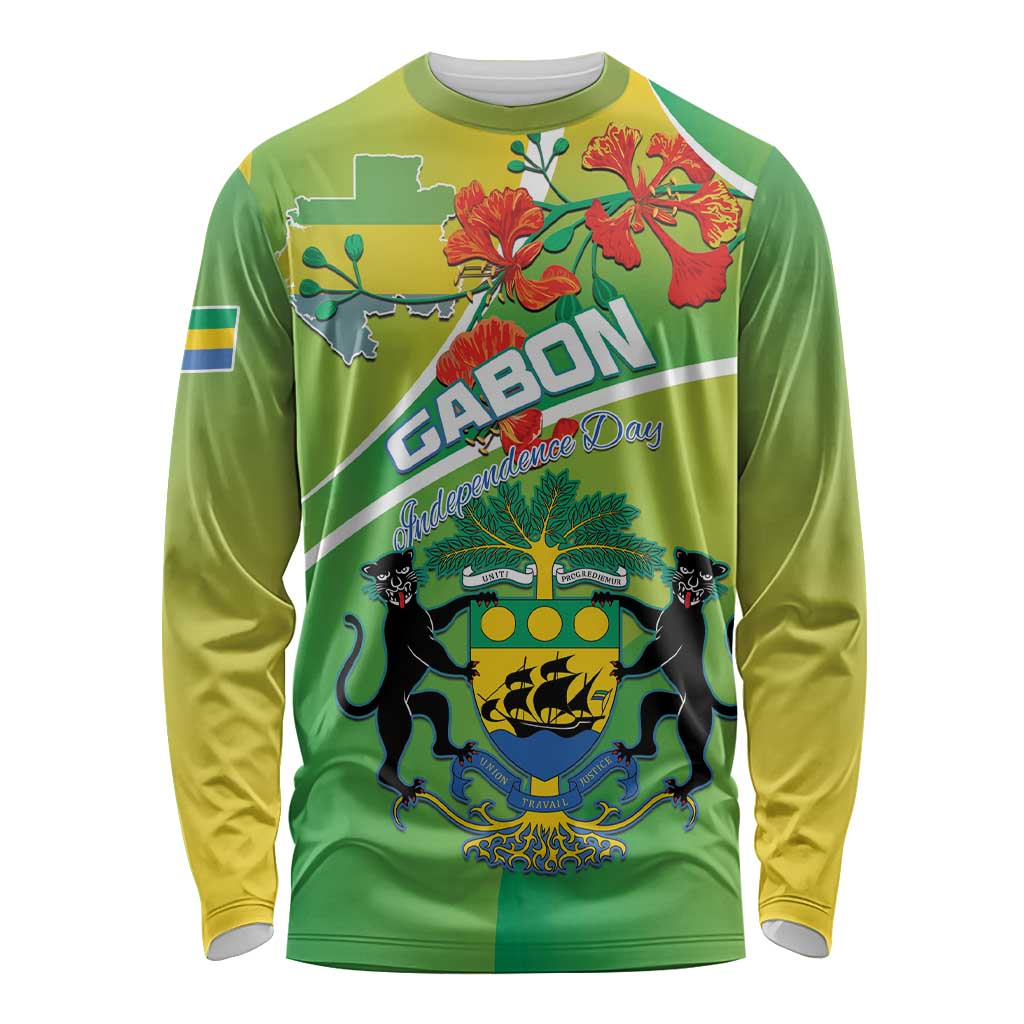 Personalized Gabon Independence Day Long Sleeve Shirt Coat Of Arms With Map - Wonder Print Shop