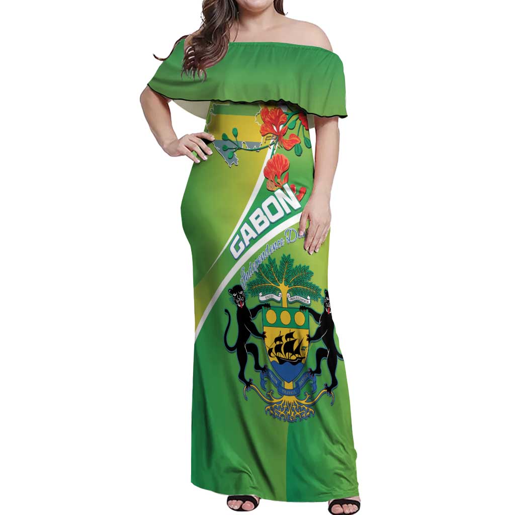 Personalized Gabon Independence Day Off Shoulder Maxi Dress Coat Of Arms With Map - Wonder Print Shop