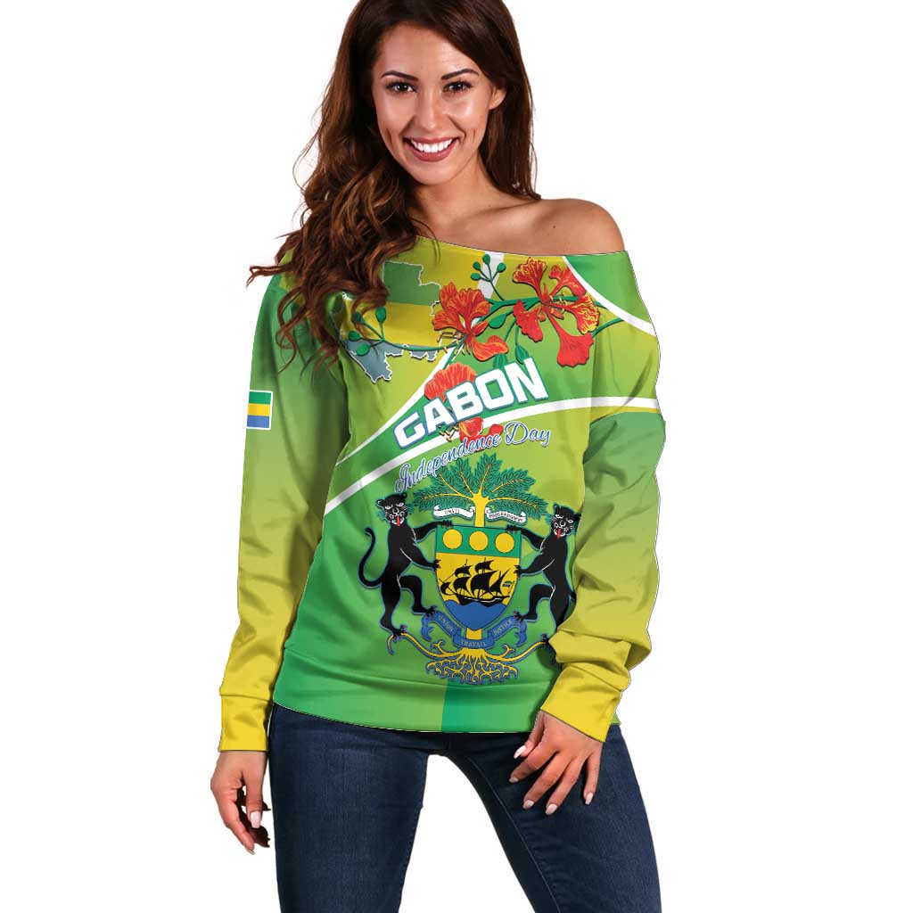 Personalized Gabon Independence Day Off Shoulder Sweater Coat Of Arms With Map - Wonder Print Shop