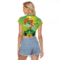 Personalized Gabon Independence Day Raglan Cropped T Shirt Coat Of Arms With Map - Wonder Print Shop