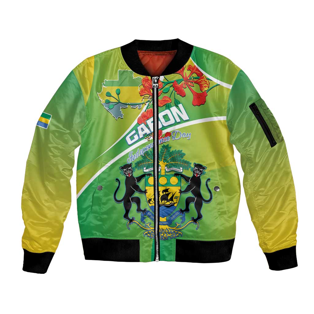 Personalized Gabon Independence Day Sleeve Zip Bomber Jacket Coat Of Arms With Map - Wonder Print Shop