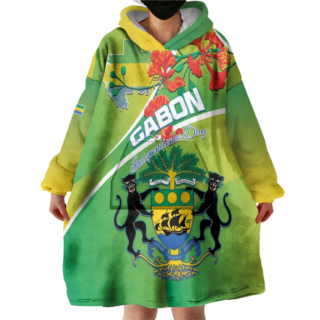 Personalized Gabon Independence Day Wearable Blanket Hoodie Coat Of Arms With Map - Wonder Print Shop