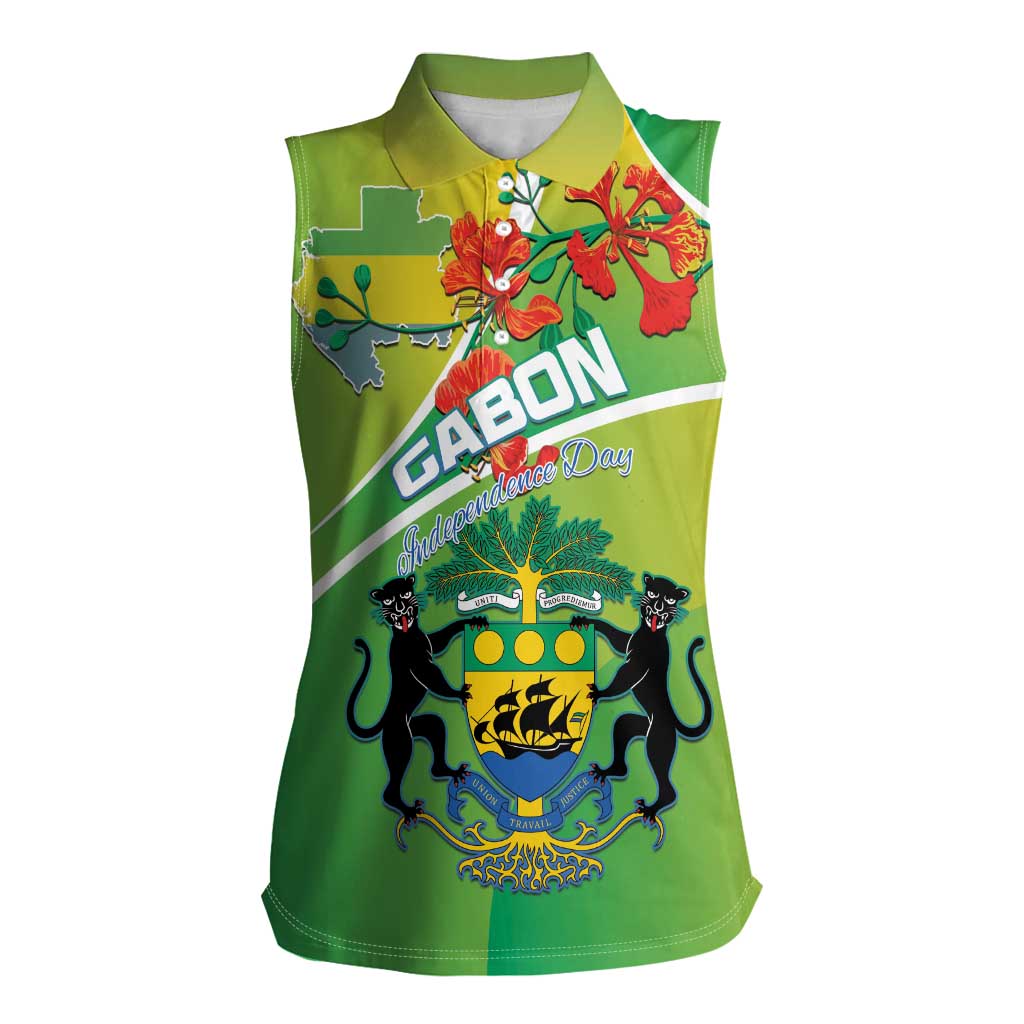 Personalized Gabon Independence Day Women Sleeveless Polo Shirt Coat Of Arms With Map - Wonder Print Shop