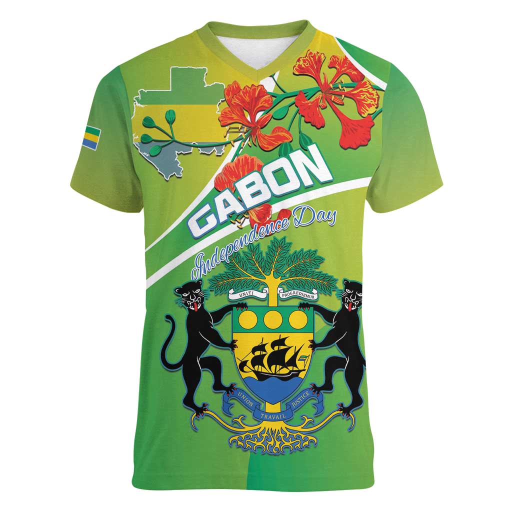 Personalized Gabon Independence Day Women V-Neck T-Shirt Coat Of Arms With Map - Wonder Print Shop