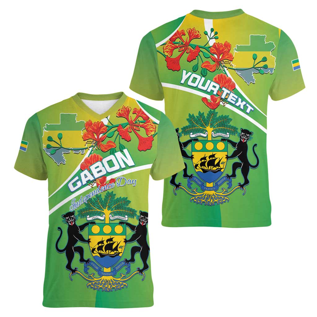 Personalized Gabon Independence Day Women V-Neck T-Shirt Coat Of Arms With Map - Wonder Print Shop