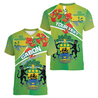 Personalized Gabon Independence Day Women V-Neck T-Shirt Coat Of Arms With Map - Wonder Print Shop