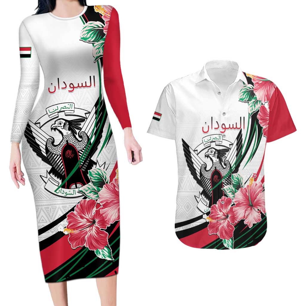 Personalized Sudan Couples Matching Long Sleeve Bodycon Dress and Hawaiian Shirt Sudanese Secretary Bird With Hibiscus - Wonder Print Shop