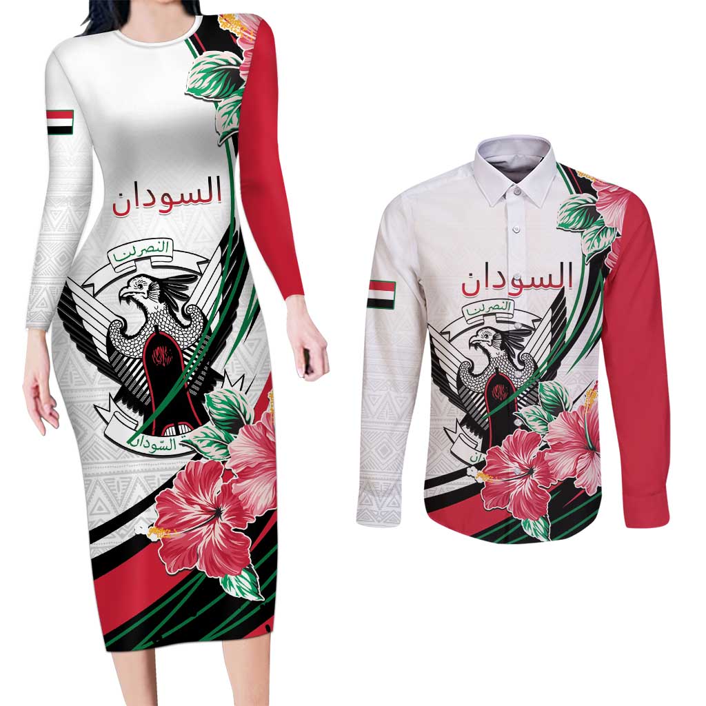 Personalized Sudan Couples Matching Long Sleeve Bodycon Dress and Long Sleeve Button Shirt Sudanese Secretary Bird With Hibiscus - Wonder Print Shop
