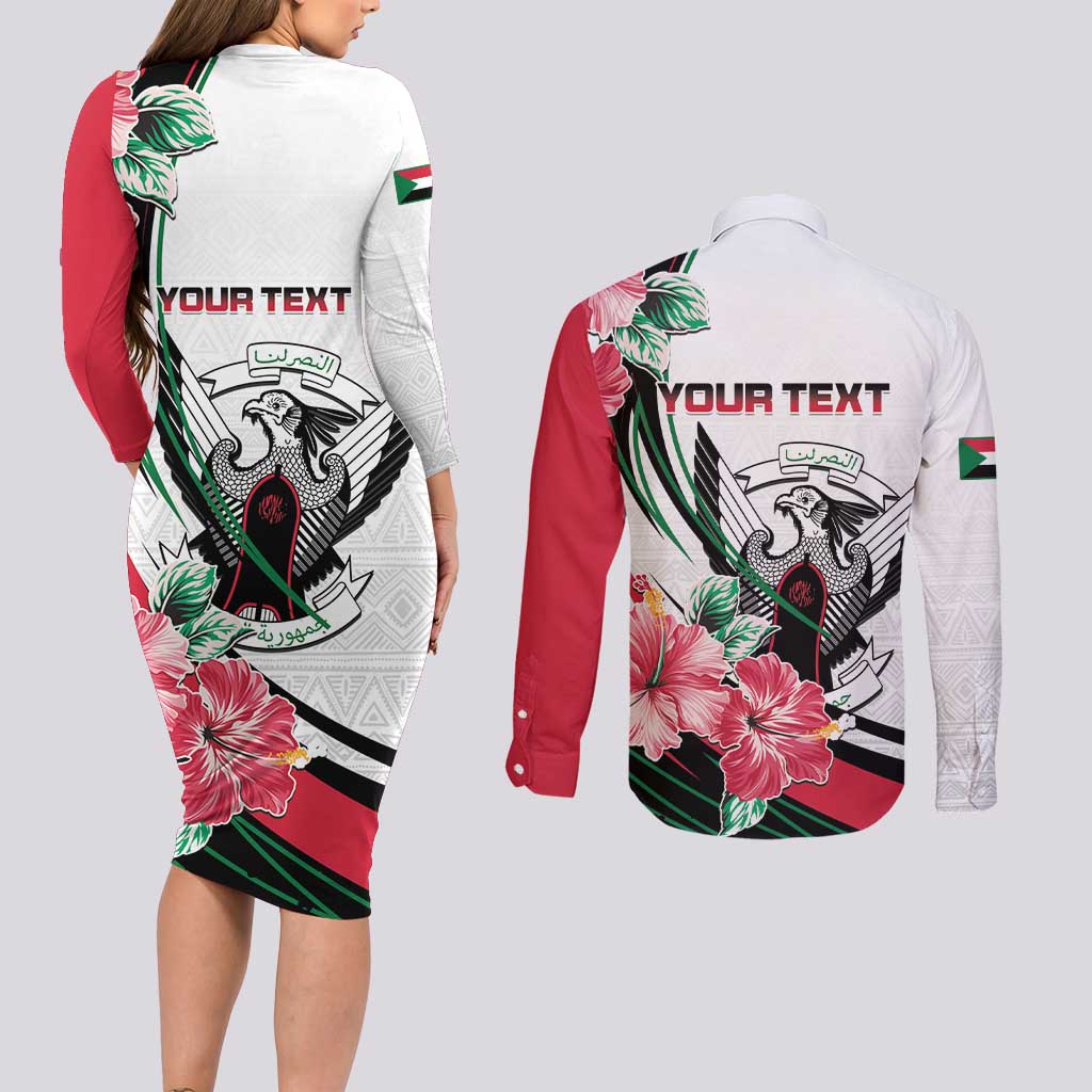 Personalized Sudan Couples Matching Long Sleeve Bodycon Dress and Long Sleeve Button Shirt Sudanese Secretary Bird With Hibiscus - Wonder Print Shop