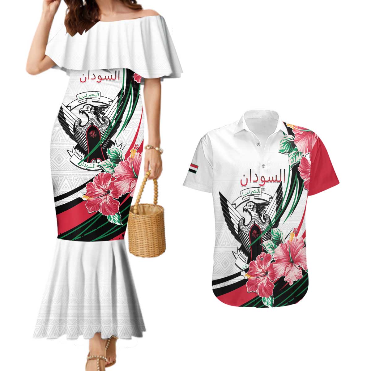 Personalized Sudan Couples Matching Mermaid Dress and Hawaiian Shirt Sudanese Secretary Bird With Hibiscus - Wonder Print Shop