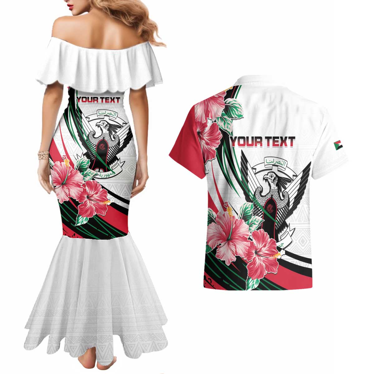 Personalized Sudan Couples Matching Mermaid Dress and Hawaiian Shirt Sudanese Secretary Bird With Hibiscus - Wonder Print Shop