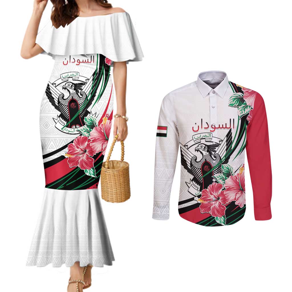 Personalized Sudan Couples Matching Mermaid Dress and Long Sleeve Button Shirt Sudanese Secretary Bird With Hibiscus - Wonder Print Shop