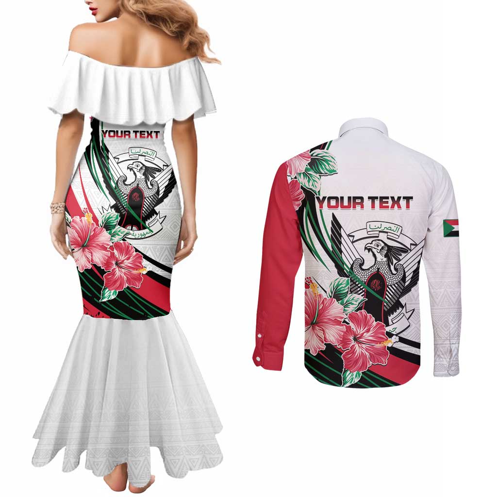 Personalized Sudan Couples Matching Mermaid Dress and Long Sleeve Button Shirt Sudanese Secretary Bird With Hibiscus - Wonder Print Shop