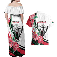 Personalized Sudan Couples Matching Off Shoulder Maxi Dress and Hawaiian Shirt Sudanese Secretary Bird With Hibiscus - Wonder Print Shop