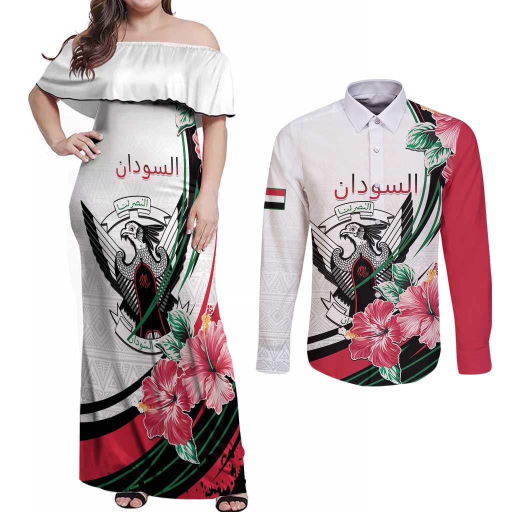 Personalized Sudan Couples Matching Off Shoulder Maxi Dress and Long Sleeve Button Shirt Sudanese Secretary Bird With Hibiscus - Wonder Print Shop