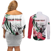 Personalized Sudan Couples Matching Off Shoulder Short Dress and Long Sleeve Button Shirt Sudanese Secretary Bird With Hibiscus - Wonder Print Shop