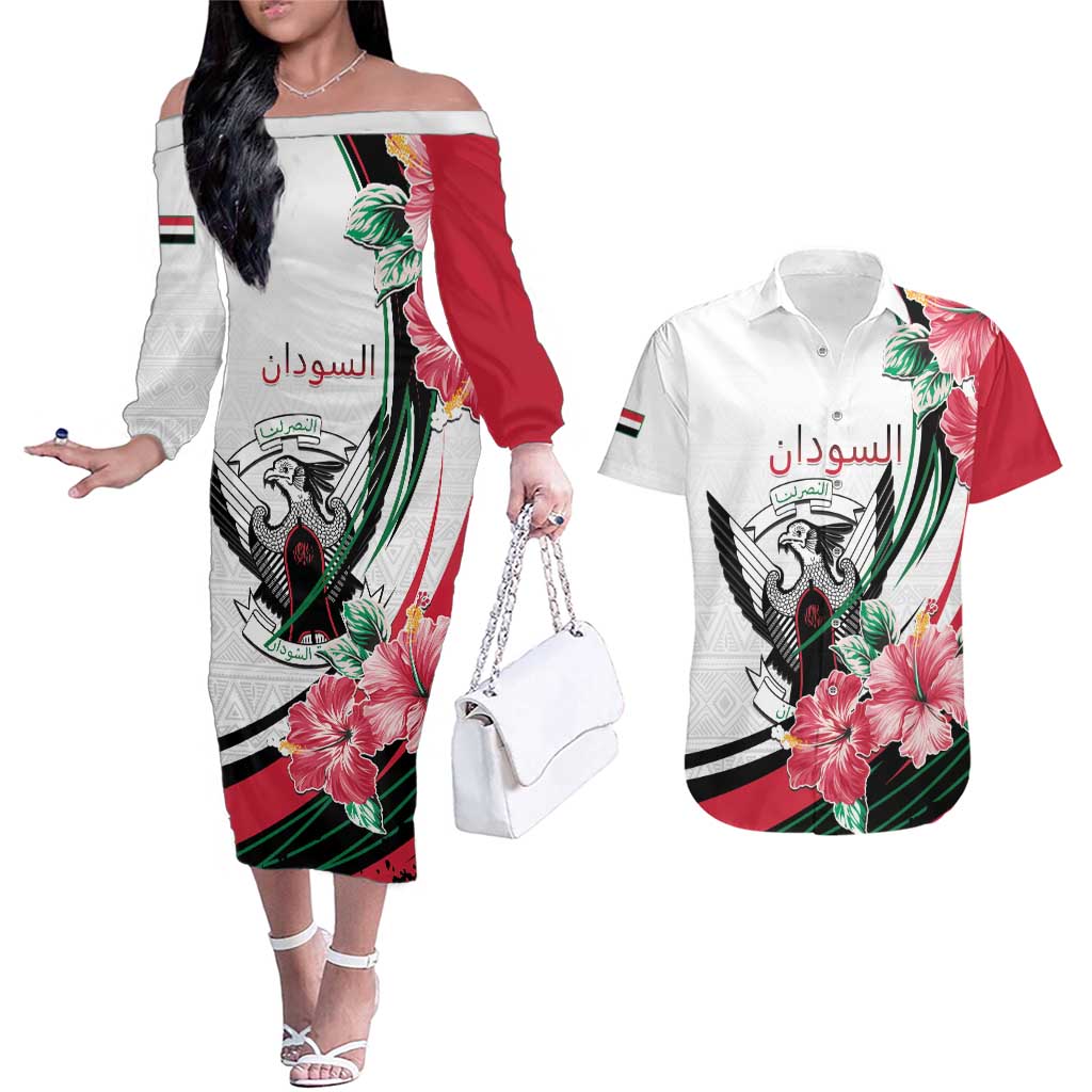 Personalized Sudan Couples Matching Off The Shoulder Long Sleeve Dress and Hawaiian Shirt Sudanese Secretary Bird With Hibiscus - Wonder Print Shop