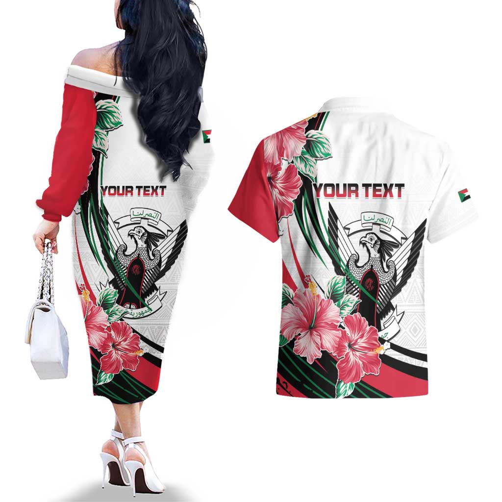 Personalized Sudan Couples Matching Off The Shoulder Long Sleeve Dress and Hawaiian Shirt Sudanese Secretary Bird With Hibiscus - Wonder Print Shop