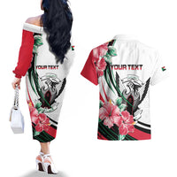 Personalized Sudan Couples Matching Off The Shoulder Long Sleeve Dress and Hawaiian Shirt Sudanese Secretary Bird With Hibiscus - Wonder Print Shop