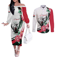 Personalized Sudan Couples Matching Off The Shoulder Long Sleeve Dress and Long Sleeve Button Shirt Sudanese Secretary Bird With Hibiscus - Wonder Print Shop