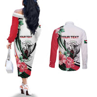 Personalized Sudan Couples Matching Off The Shoulder Long Sleeve Dress and Long Sleeve Button Shirt Sudanese Secretary Bird With Hibiscus - Wonder Print Shop
