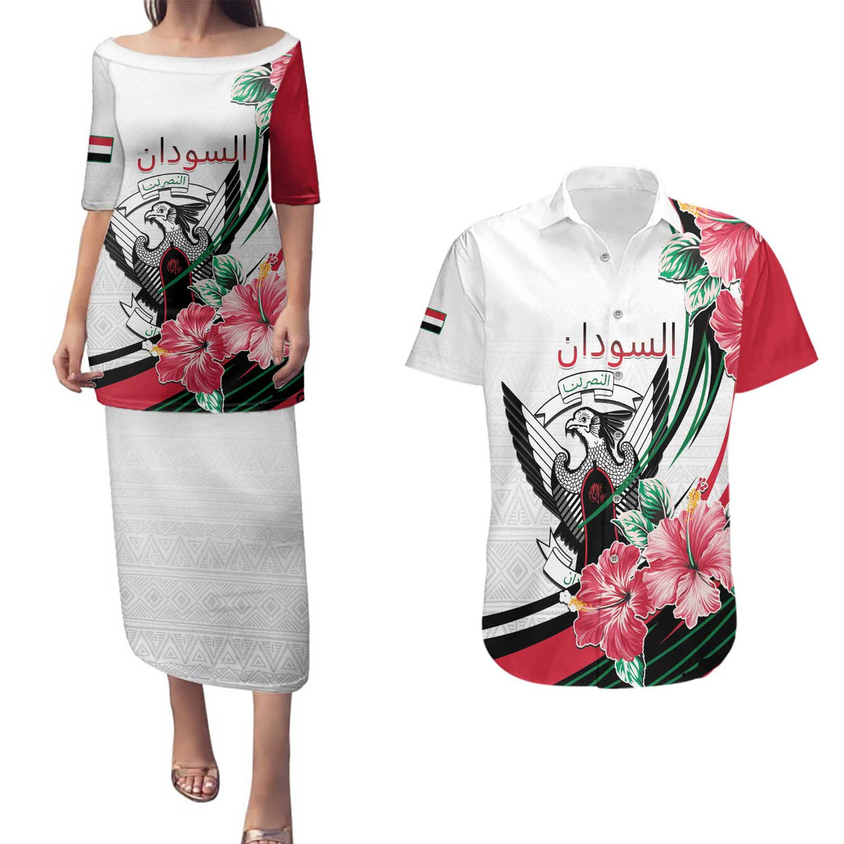 Personalized Sudan Couples Matching Puletasi and Hawaiian Shirt Sudanese Secretary Bird With Hibiscus - Wonder Print Shop