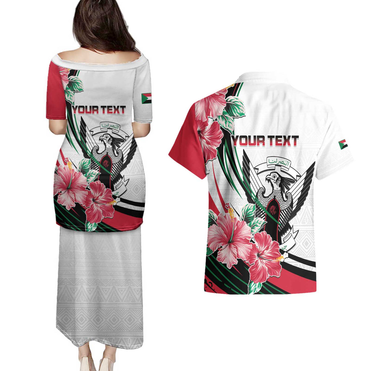 Personalized Sudan Couples Matching Puletasi and Hawaiian Shirt Sudanese Secretary Bird With Hibiscus - Wonder Print Shop