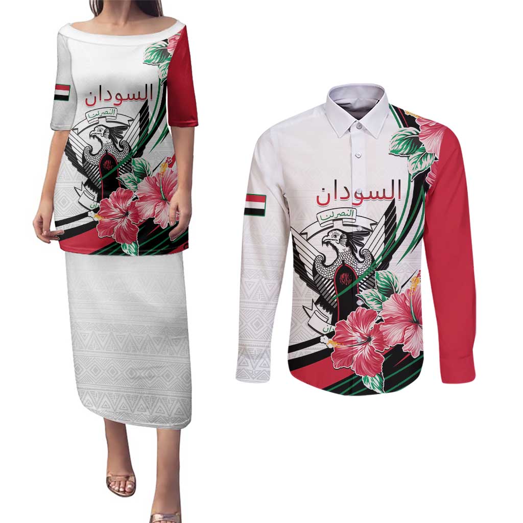Personalized Sudan Couples Matching Puletasi and Long Sleeve Button Shirt Sudanese Secretary Bird With Hibiscus - Wonder Print Shop