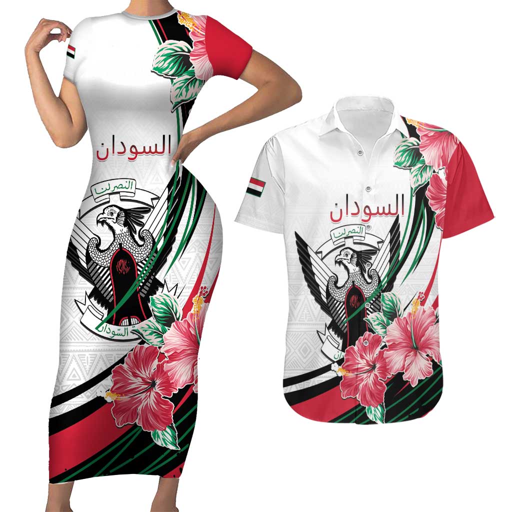 Personalized Sudan Couples Matching Short Sleeve Bodycon Dress and Hawaiian Shirt Sudanese Secretary Bird With Hibiscus - Wonder Print Shop