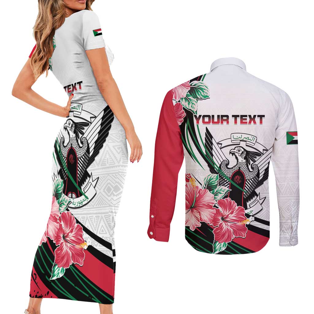 Personalized Sudan Couples Matching Short Sleeve Bodycon Dress and Long Sleeve Button Shirt Sudanese Secretary Bird With Hibiscus - Wonder Print Shop