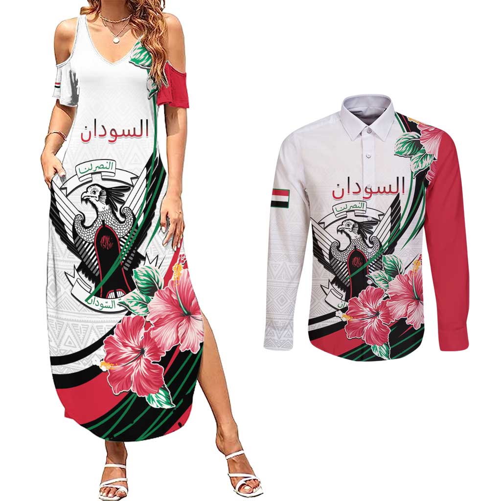 Personalized Sudan Couples Matching Summer Maxi Dress and Long Sleeve Button Shirt Sudanese Secretary Bird With Hibiscus - Wonder Print Shop