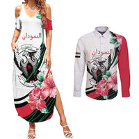 Personalized Sudan Couples Matching Summer Maxi Dress and Long Sleeve Button Shirt Sudanese Secretary Bird With Hibiscus - Wonder Print Shop